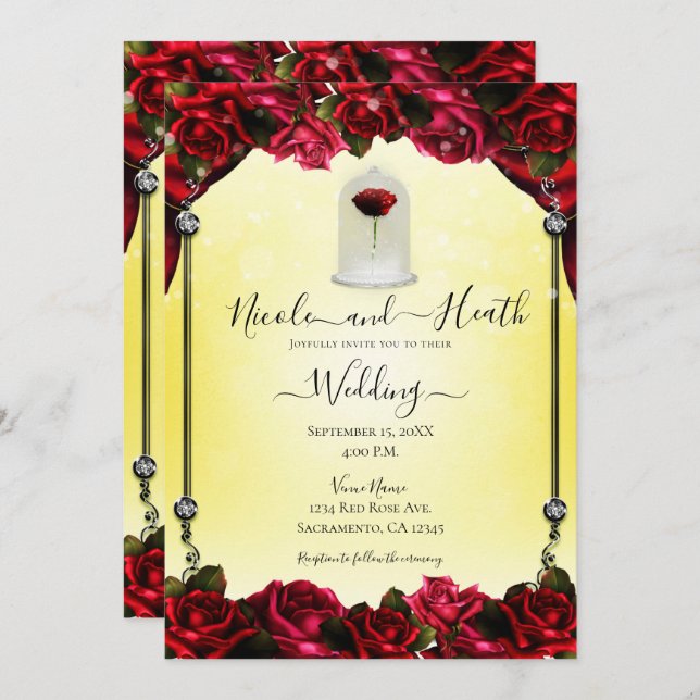 Invitación Boda amarillo dorado blanco rosa rojo mágico (Anverso / Reverso)