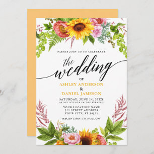 Invitación Boda amarillo dorado con flor de girasol