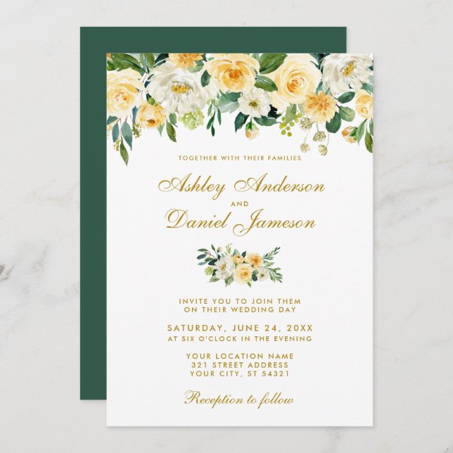 Invitación Boda amarillo dorado verde acuarela (Anverso / Reverso)