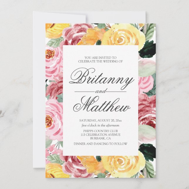 Invitación Boda amarillo floral acuarela (Anverso)