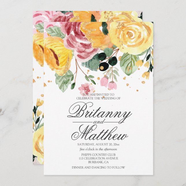 Invitación Boda amarillo floral acuarela (Anverso / Reverso)