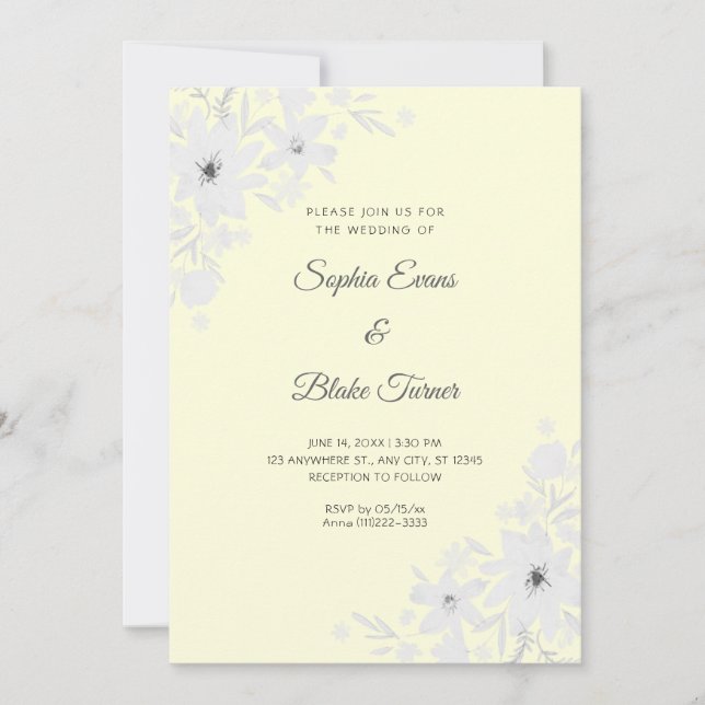 Invitación Boda Amarillo Floral de Flores Blancas románticas (Anverso)