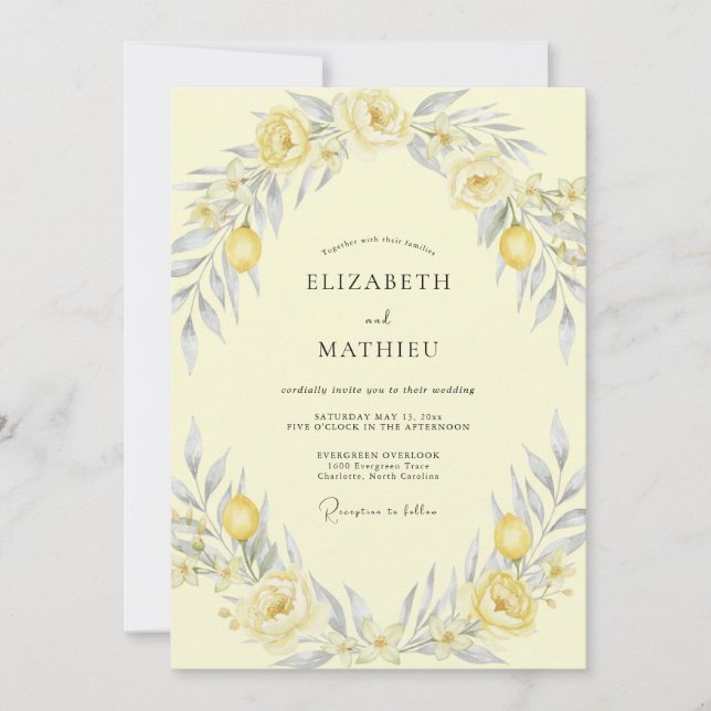 Invitación Boda Amarillo Mantequilla Limón Eucalipto (Anverso)