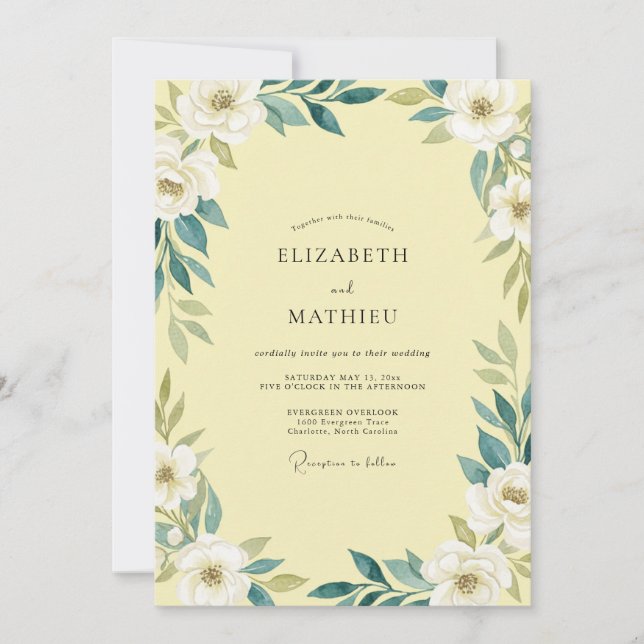 Invitación Boda Amarillo Mantequilla Verde Teal Hoja (Anverso)