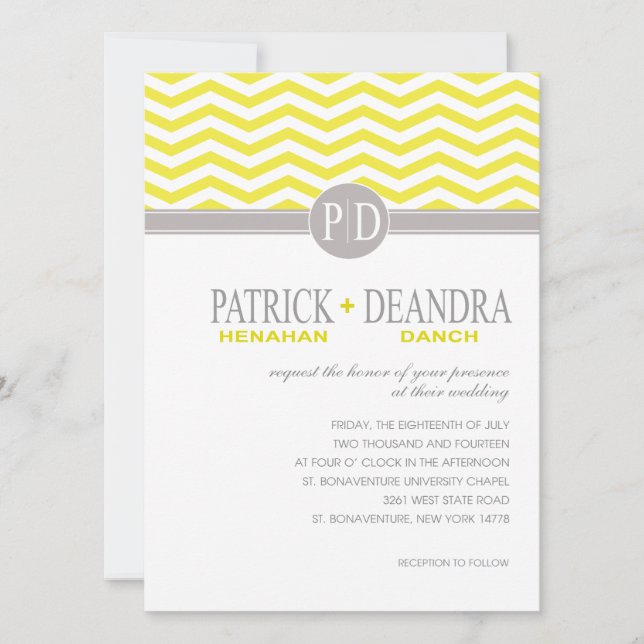 Invitación Boda Amarillo Monograma Chevron Danch (Anverso)