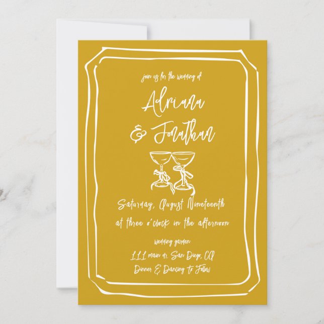 Invitación Boda amarillo mostaza de mano moderna (Anverso)
