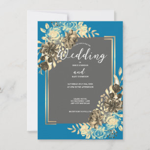 Invitación Boda amarillo pálido y gris turquesa floral