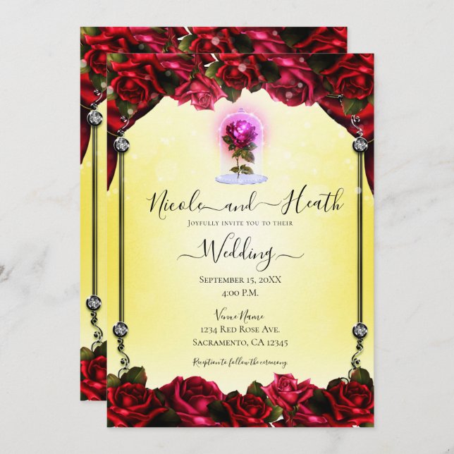 Invitación Boda amarillo plateado rosa rojo brillante mágico (Anverso / Reverso)