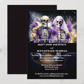 Invitación Boda amarillo púrpura de la pareja de esqueletos