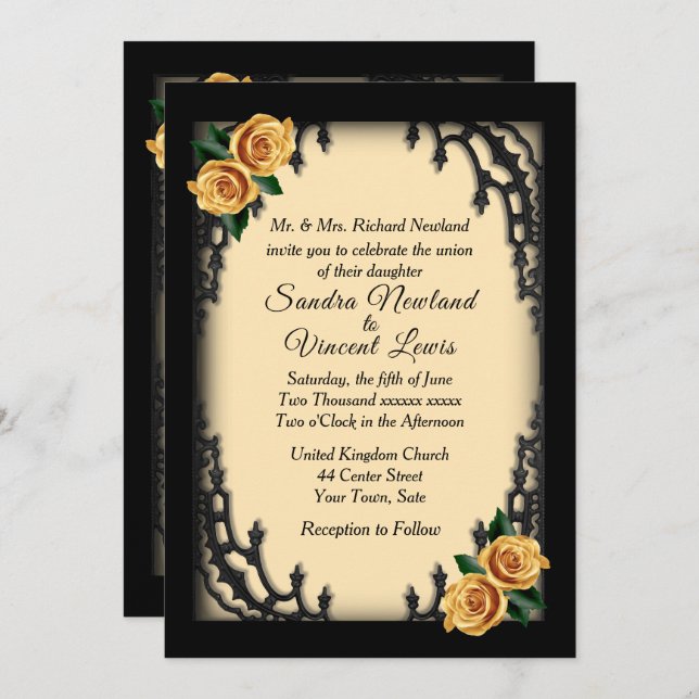 Invitación Boda amarillo rosa amarillo Gótico del barrio fran (Anverso / Reverso)