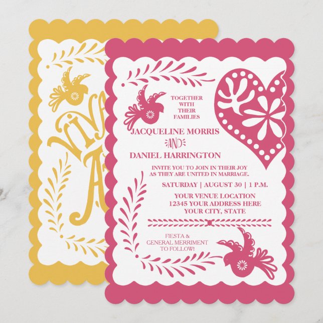 Invitación Boda amarillo rosa de la Fiesta Mexicana de Papel  (Anverso / Reverso)