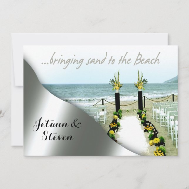 Invitación Boda amarillo y gris en la playa (Anverso)