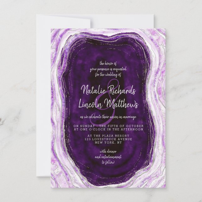 Invitación Boda Amethyst Purple & Silver Geode Agate Slice (Anverso)
