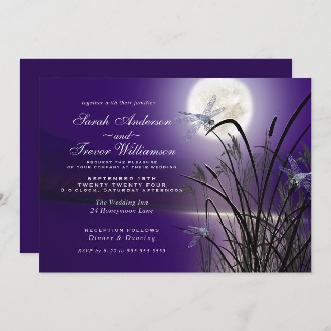 Invitación Boda Ametista Estanque de libélula de luna llena (Anverso / Reverso)