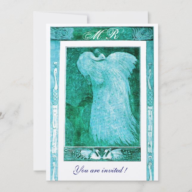 Invitación BODA AMOR A PEACOCK MONOGRAM Aqua Blue White (Anverso)