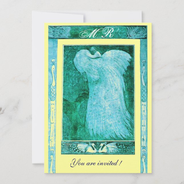 Invitación BODA AMOR A PEACOCK MONOGRAM, azul amarillo (Anverso)