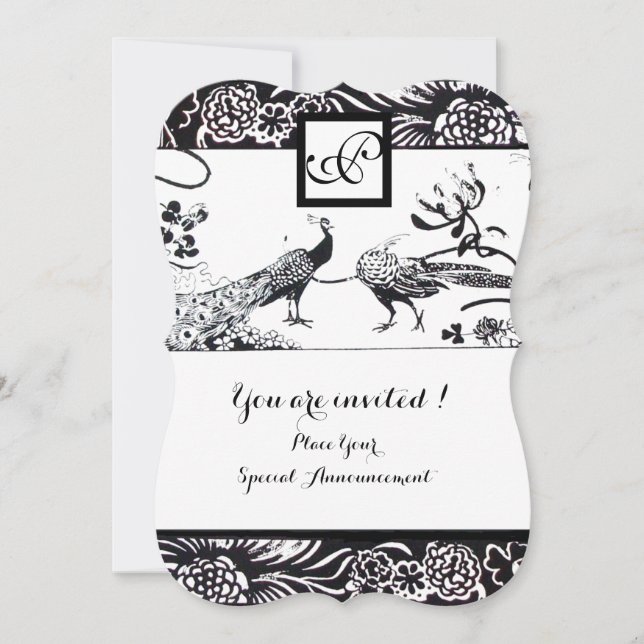 Invitación BODA AMOR AVES CUADRADO MONOGRAMA Negro,Blanco (Anverso)