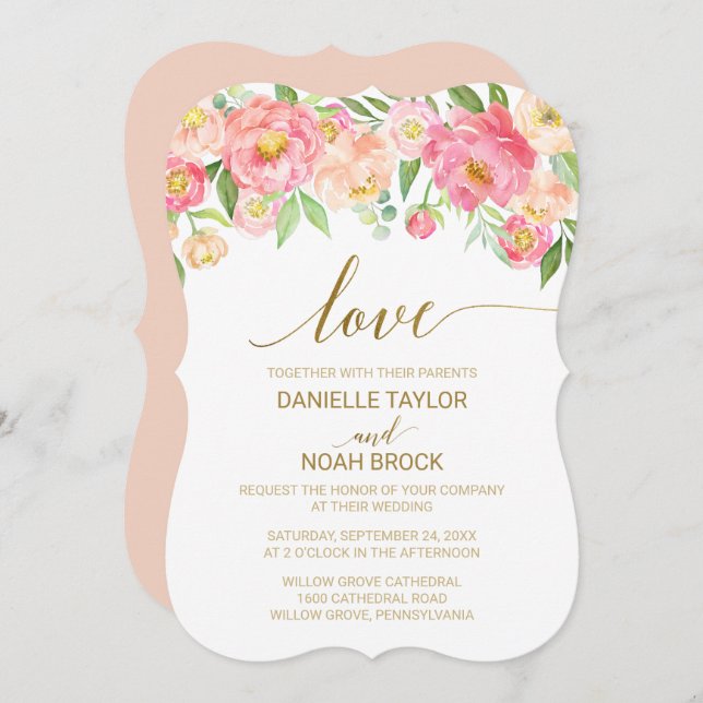 Invitación Boda "Amor" de flores de melocotón y rosa (Anverso / Reverso)