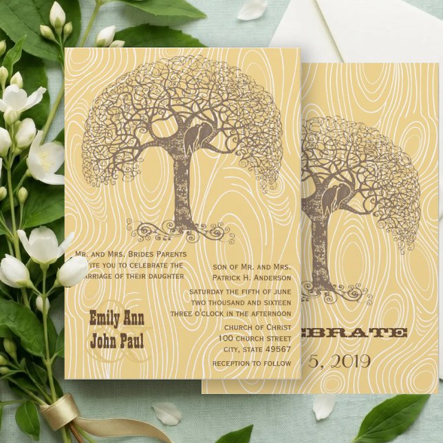 Invitación Boda Amor de Pájaros Árbol Marrón Madera Amarilla (Subido por el creador)