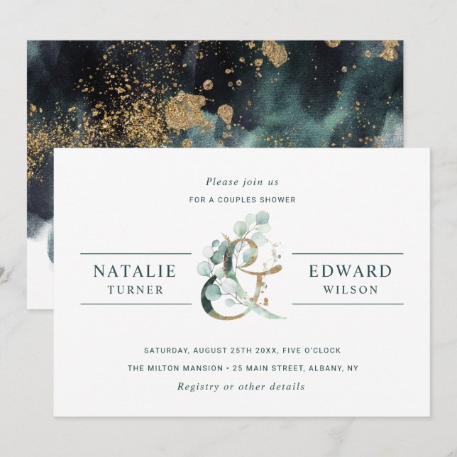 Invitación Boda Ampersand Gold Greenery Ducha de Parejas (Anverso / Reverso)