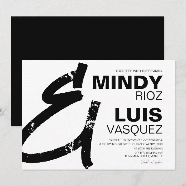 Invitación BODA AMPERSAND Grunge Negro Blanco (Anverso / Reverso)