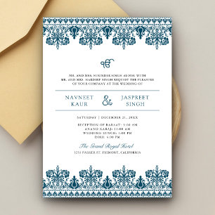 Invitación Boda Anand Karaj Sikh de Blue Damask Border