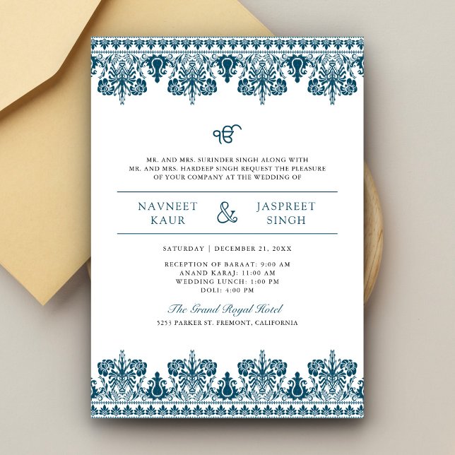 Invitación Boda Anand Karaj Sikh de Blue Damask Border (Subido por el creador)