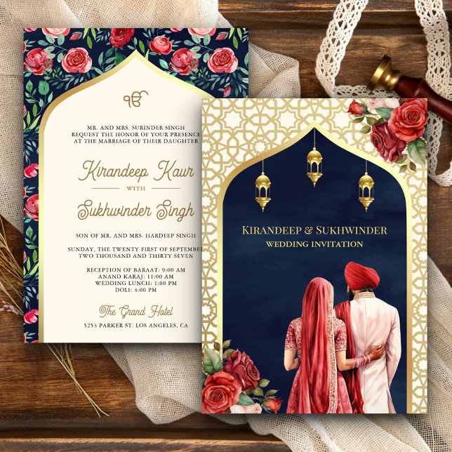 Invitación Boda Anand Karaj Sikh Floral de rosa roja de oro a (Subido por el creador)
