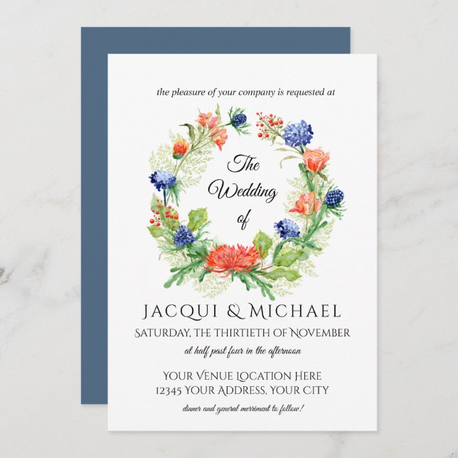 Invitación Boda anaranjada azul de la guirnalda del cardo del (Anverso / Reverso)