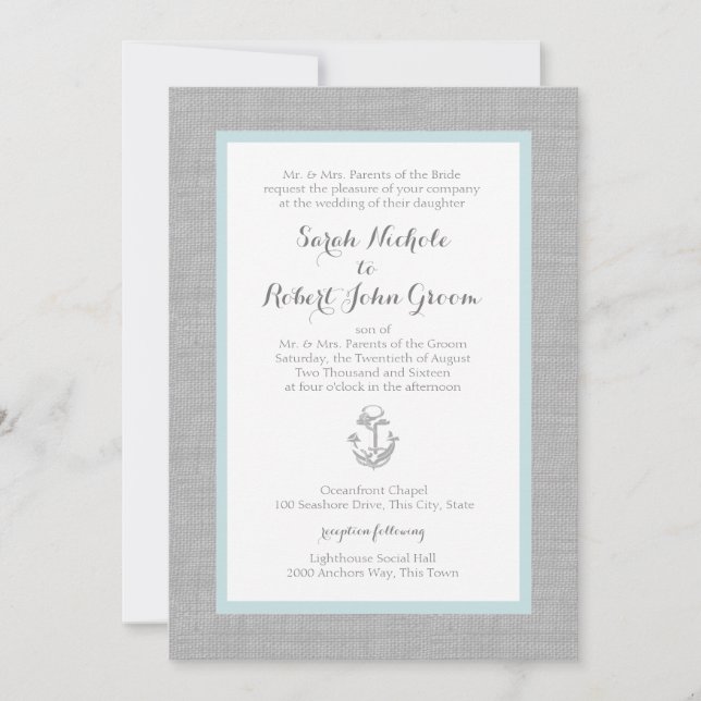 Invitación Boda Anchor Gray Burlap Beach (Anverso)