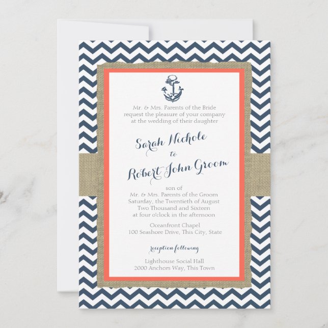 Invitación Boda Anchor y Chevron Coral Blue Rustic (Anverso)