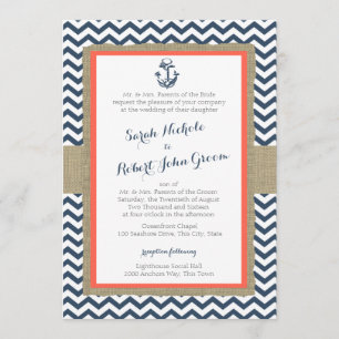 Invitación Boda Anchor y Chevron Coral Blue Rustic