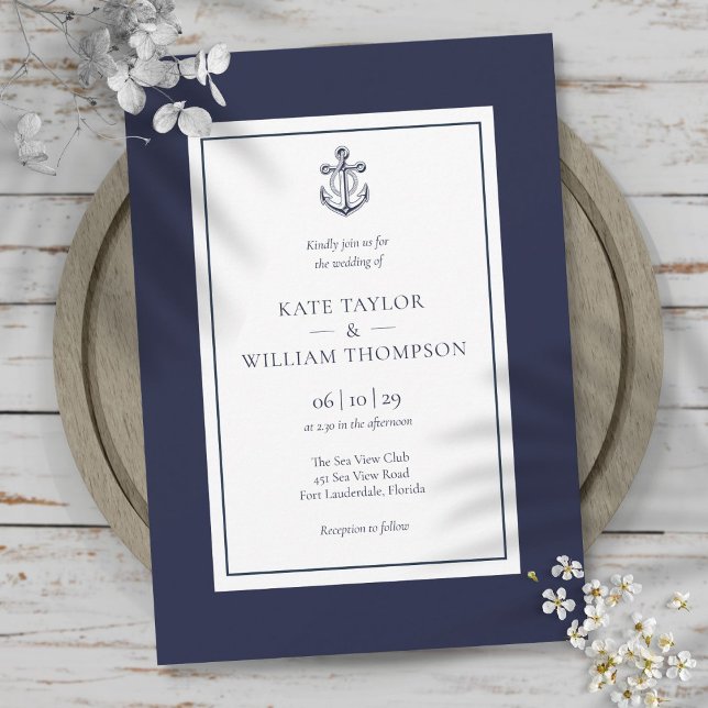 Invitación Boda Ancla Azul Naval y Blanco (Nautical Navy Blue And White Anchor Wedding Invitation)