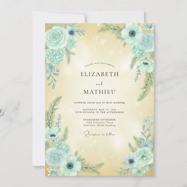 Invitación Boda Anémona Champagne Acuática (Anverso)