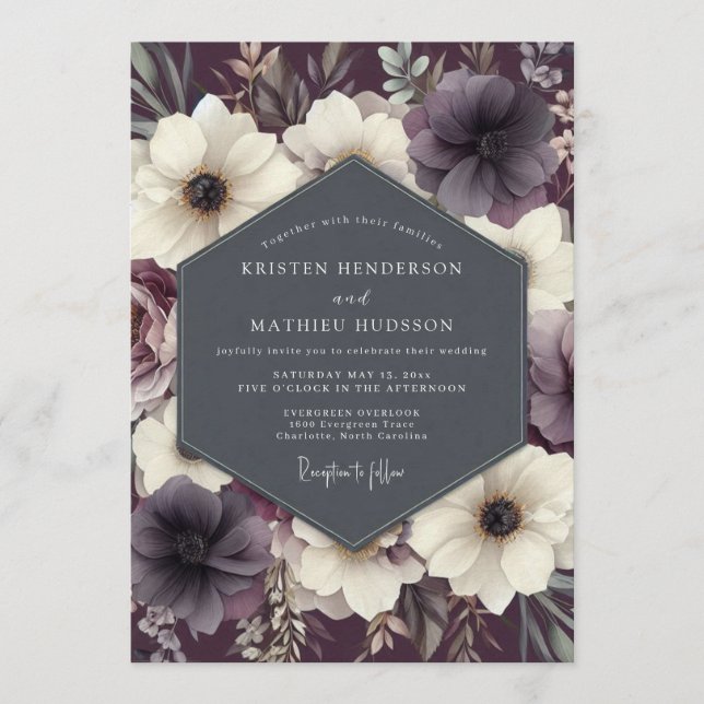 Invitación Boda Anémona Crepuscular Ciruela (Anverso)