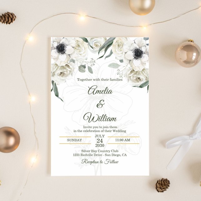 Invitación Boda Anémona Elegante Verde Negro Blanco (Subido por el creador)
