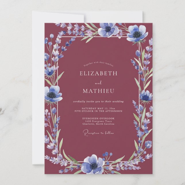Invitación Boda Anémona Índigo Vino (Anverso)