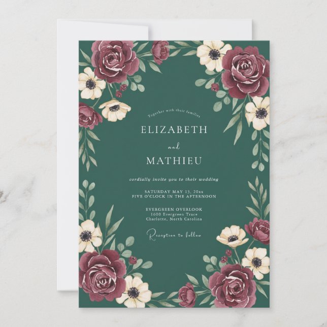 Invitación Boda Anémona Vino Azul Profundo (Anverso)
