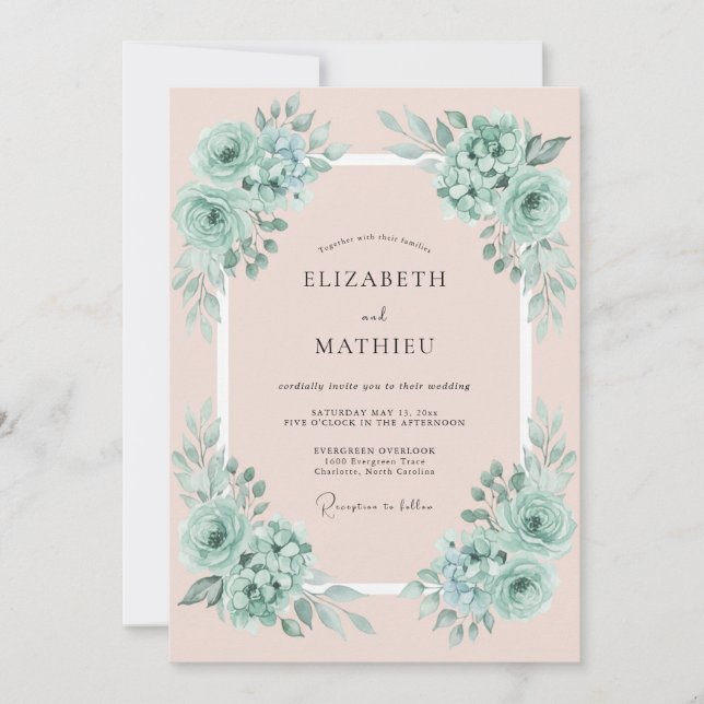 Invitación Boda Angelical de Primavera en Verde Menta (Anverso)