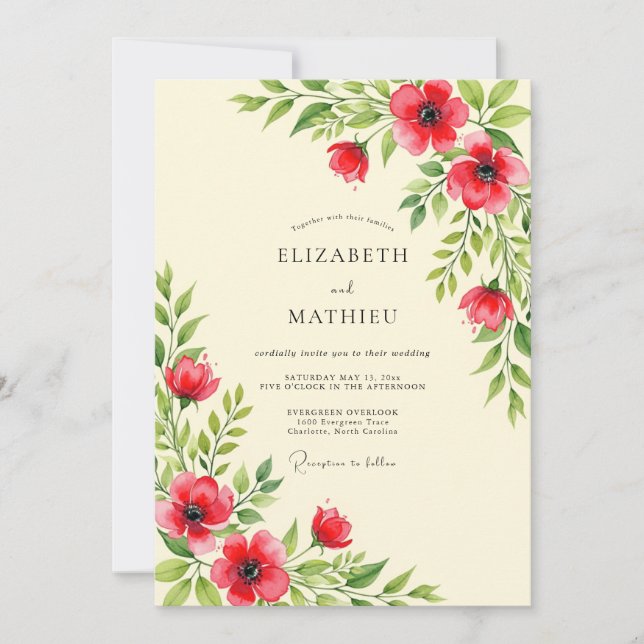 Invitación Boda animada de primavera en rojo (Anverso)