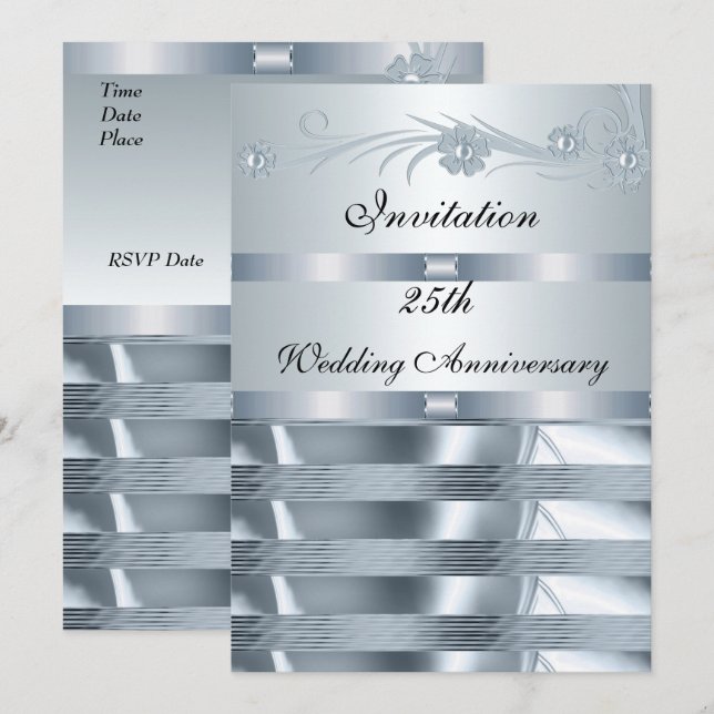 Invitación Boda Aniversario 25° Plata Azul (Anverso / Reverso)