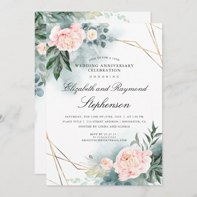 Invitación Boda Aniversario Floral Geométrico Verde Dorado (Anverso / Reverso)