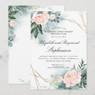 Invitación Boda Aniversario Floral Geométrico Verde Dorado