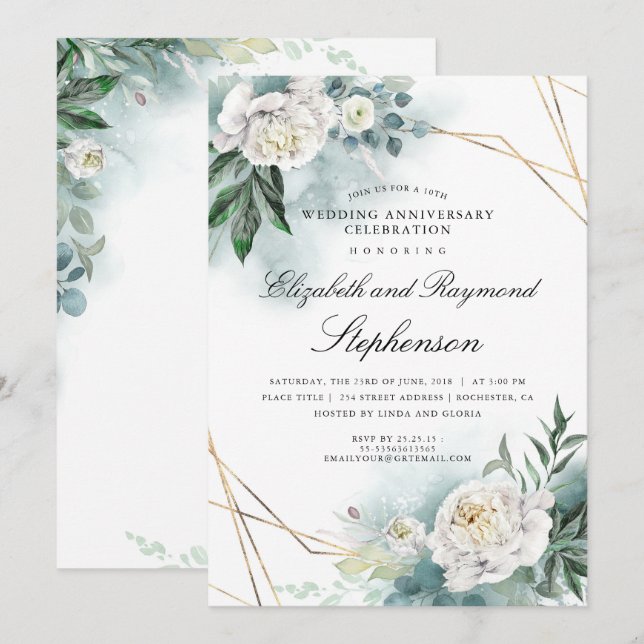 Invitación Boda Aniversario Floral Geométrico Verde Dorado (Anverso / Reverso)
