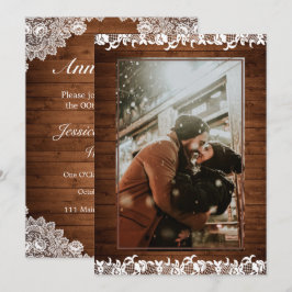 Invitación Boda Aniversario Foto Madera Rústica & Encaje Blan