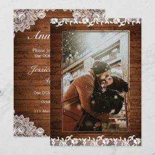 Invitación Boda Aniversario Foto Madera Rústica & Encaje Blan