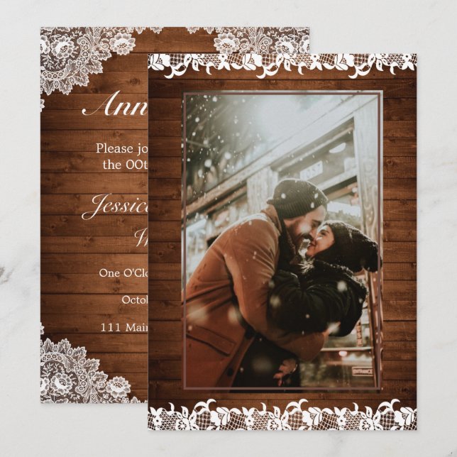 Invitación Boda Aniversario Foto Madera Rústica & Encaje Blan (Anverso / Reverso)