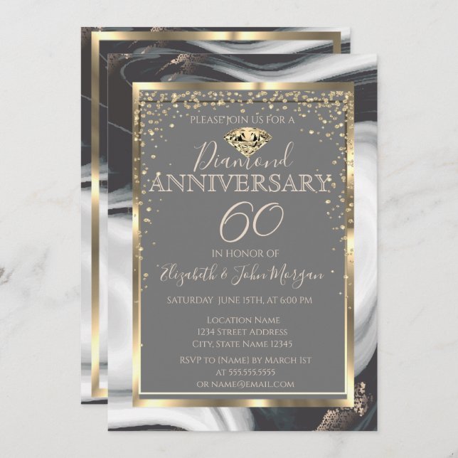 Invitación Boda Aniversario Mármol Marco Diamantes Oro (Anverso / Reverso)