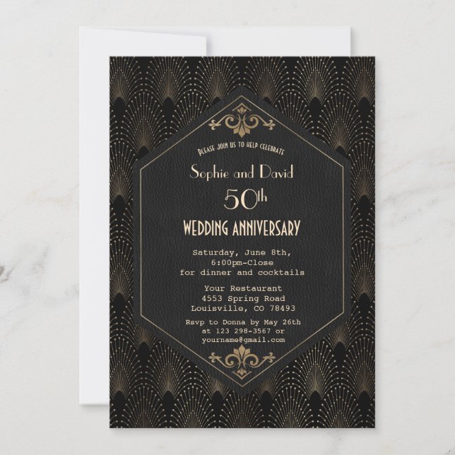 Invitación Boda Aniversario Royal Gold Negro Gran Gatsby (Anverso)