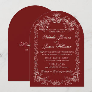 Invitación Boda Antigua de Borgoña Rojo Intenso Arqueada Dine